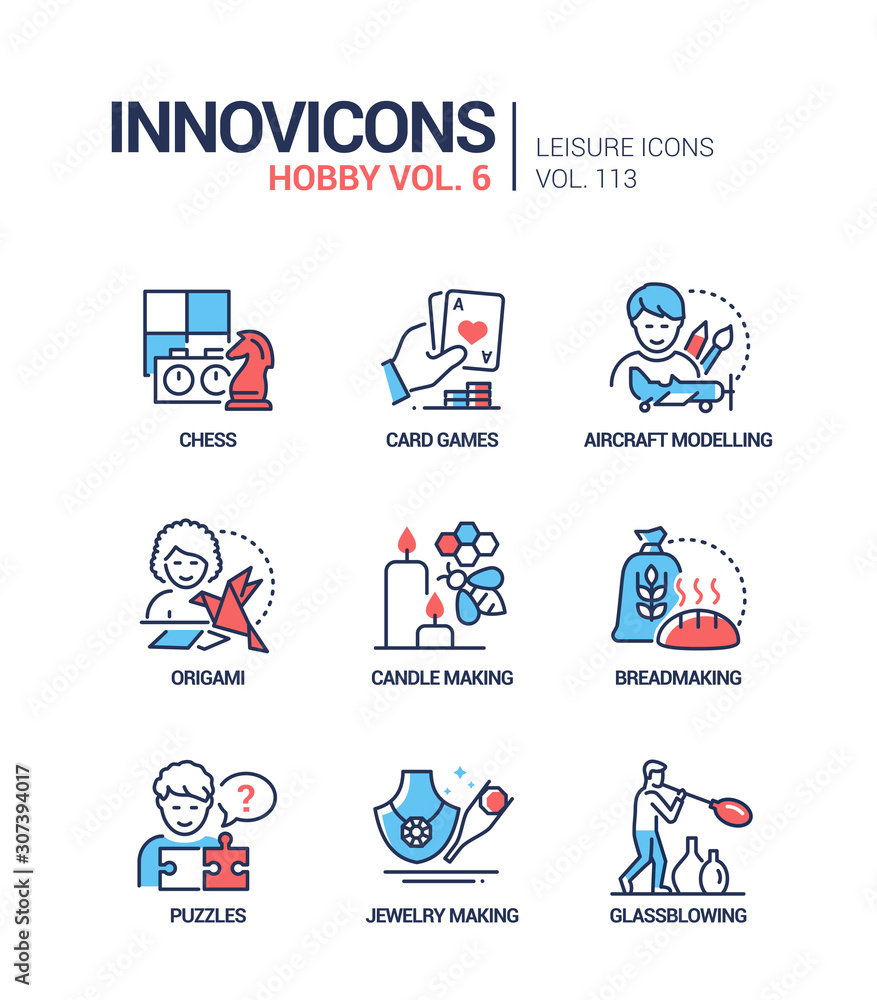 Poster hobby and activities - line design style icons set