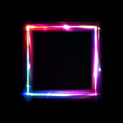Neon frame with glow, sign and light background. Square. Night club signboard with empty space for logo or text. Vector illustration, poster, banner for night party. Glitch and neon light effect.