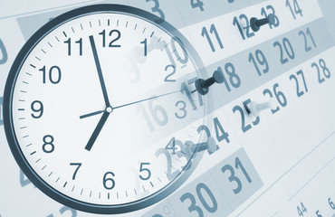 Obraz na płótnie Canvas Round clock and calendar page with push pins, time concept