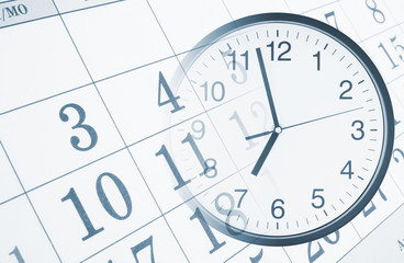 Collage with round clock and calendar, time concept