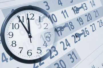 Clock and calendar page with push pins, time concept