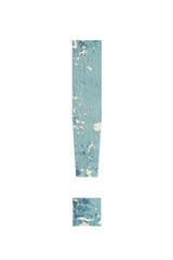 Exclamation sign on textured background of blue color in rural style