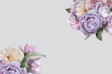 Floral banner, header with bouquet of garden flowers. Lilac roses, hydrangea and pink chrysanthemum isolated on light grey  background with copy space.