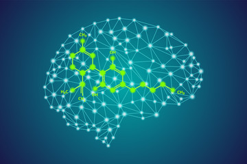 glow green colored cannabidiol (CBD) molecule chemical formula in polygonal plexus low poly brain silhouette side view, stock vector illustration clipart design element on blue background