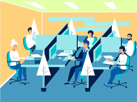 Work environment, employees at their workplaces, business time. In minimalist style Cartoon flat raster