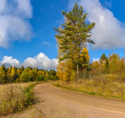 Fototapeta na wymiar Autumn landscape in Karelia with road.
