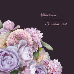 Bouquet of garden flowers. Lilac roses, hydrangea and pink chrysanthemum isolated on dark background. Floral card with copy space. For invitations, greeting, wedding card.