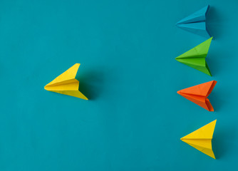 Paper plane on blue background. Different vision creative and Innovative solution for Business concepts.