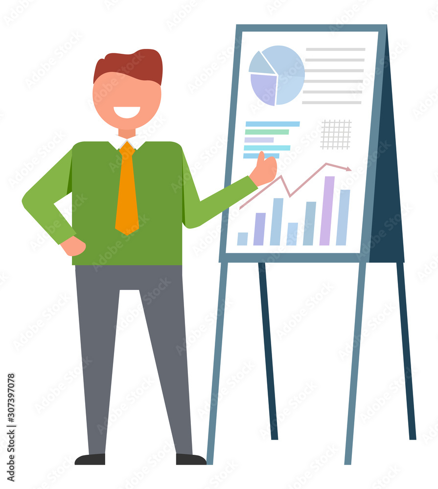 Poster join to our team, male near board with graphs and charts pointing on sales statistics. vector isolat