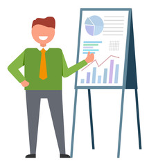 Join to our team, male near board with graphs and charts pointing on sales statistics. Vector isolated businessman or executive manager making report