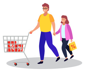 Family shopping of father and daughter. Isolated character with trolley and bags with percent sign. People at store buying products. Trolley with purchase goods. Dad and girl holding hands vector