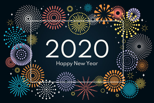 Vector illustration with colorful fireworks frame on a dark blue background, text 2020 Happy New Year. Flat style design. Concept for holiday celebration, greeting card, poster, banner, flyer.