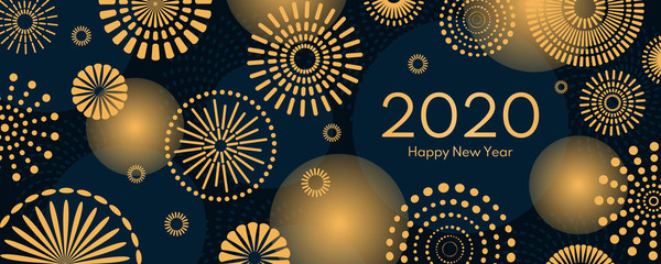 Vector illustration with bright golden fireworks on a dark blue background, text 2020 Happy New Year. Flat style design. Concept for holiday celebration, greeting card, poster, banner, flyer.