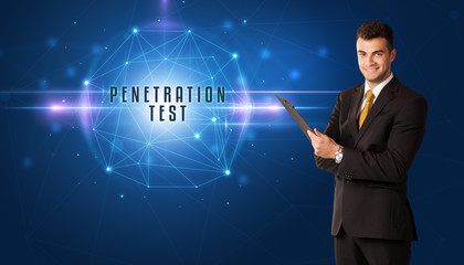 Businessman thinking about security solutions with PENETRATION TEST inscription