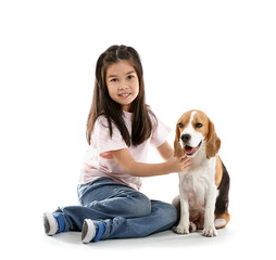 Little Asian girl with cute beagle dog on white background