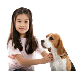 Little Asian girl with cute beagle dog on white background