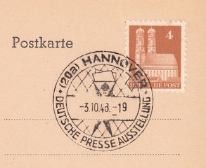 Munich Cathedral. Postmark German press exhibition in Hanover,stamp Germany circa 1948