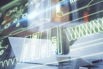 Desktop computer background and education theme drawing. Double exposure. Study concept.