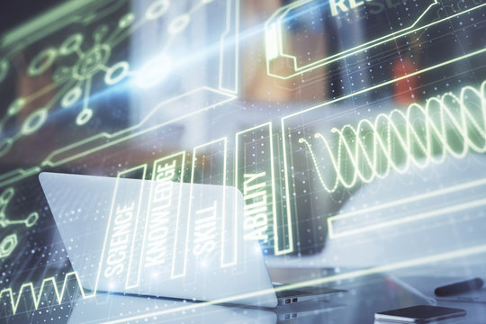 Desktop computer background and education theme drawing. Double exposure. Study concept.