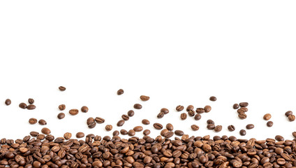 Black arabica, robusta coffee beans isolated on white background with copyspace for text/ Selective focus