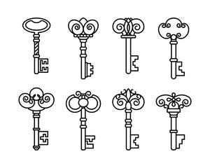 Outline vintage keys set. Vector logos and signs in linear style. Abstract design elements