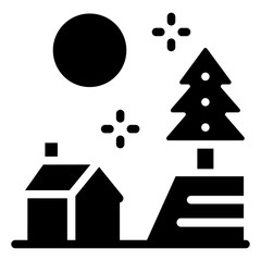 house with christmas tree and moon
