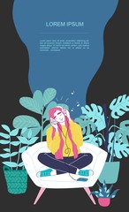 Young woman in headphones listening to music.