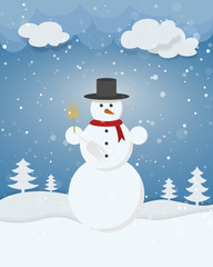 Snowman in winter landscape trees snow stars