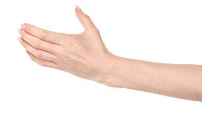 Female caucasian hands  isolated white background showing  gesture holds something or takes, gives. woman hands showing different gestures