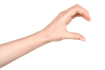 Female caucasian hands  isolated white background showing  gesture holds something or takes, gives. woman hands showing different gestures