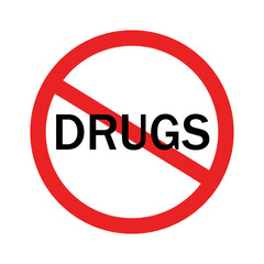 Drugs word lettering in red prohibition sign. Isolated on white background