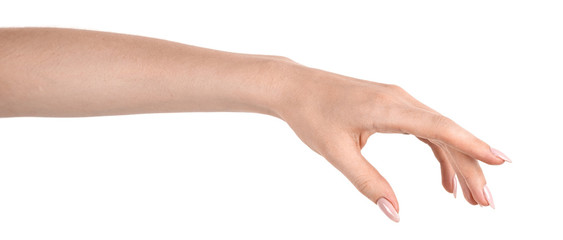 Female caucasian hands  isolated white background showing  gesture holds something or takes, gives....