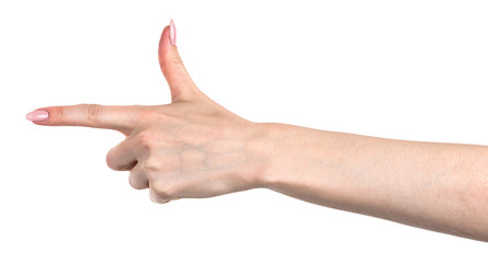 Female caucasian hands  isolated white background showing  gesture points finger to something or someone.  woman hands showing different gestures