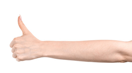 Female caucasian hands  isolated white background showing  gesture thumb up, approval.  woman hands showing different gestures
