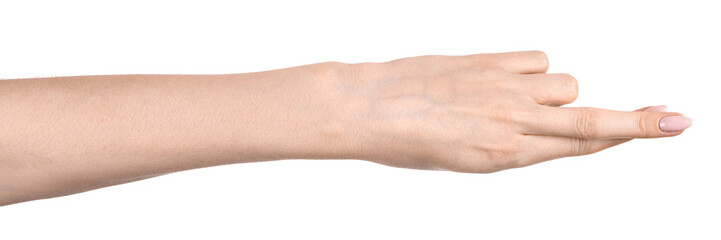 Female caucasian hands  isolated white background showing  various finger gestures. woman hands showing different gestures