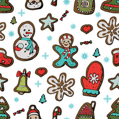 Christmas gingerbread cookies. Seamless pattern of multi-colored ginger men, Christmas trees, Santa Claus attributes, snowflakes, candies on a white background. Vector stock illustration.