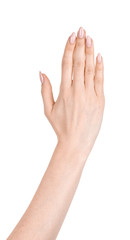 Female caucasian hands  isolated white background showing  various finger gestures. woman hands showing different gestures