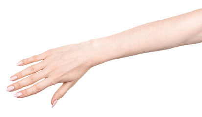 Female caucasian hands  isolated white background showing  various finger gestures. woman hands showing different gestures