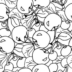 Cherry seamless pattern. Fruit background. Good food for textile, wrapping, wallpapers, texture, tablecloth, curtain or dishcloth. Sweet ripe cherries. Vector illustration. 