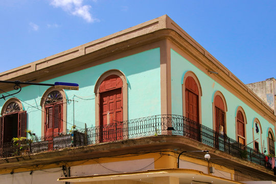 Architecture of Havana - Cuba with balcony and colorful fresh laundry on the balcony, Cuba