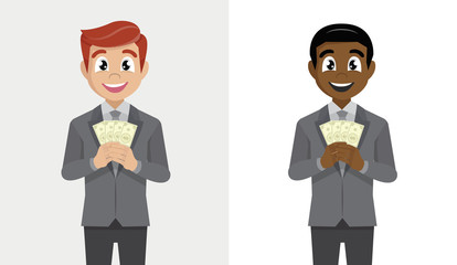 Set business man in suit standing holding fan of dollar cash.