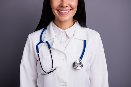 Cropped photo of positive successful qualified doctor woman have stethoscope on her shoulders ready consult cure patients disease wear white coat isolated over grey color background