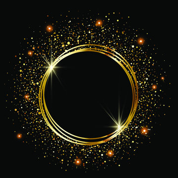 Golden sparkling ring with golden glitter, vector on black background. Golden frame.