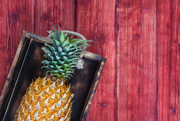 Pineapple in wooden box on red boards. Top view, copy space