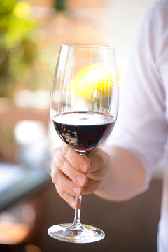 a glass of red wine in a male hand