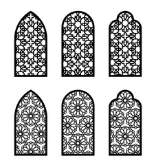Arabic arch window or door set. Cnc pattern, laser cutting, vector template set for wall decor, hanging, stencil, engraving