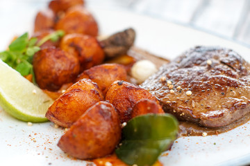 Steak on a restaurant table