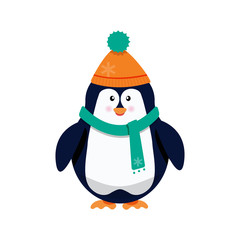 Vector cartoon penguin in winter warm clothes
