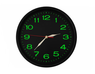 Black clock with green numbers isolated 