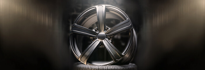beautiful black alloy wheels made of aluminum on a dark background. exclusive wheels for expensive...
